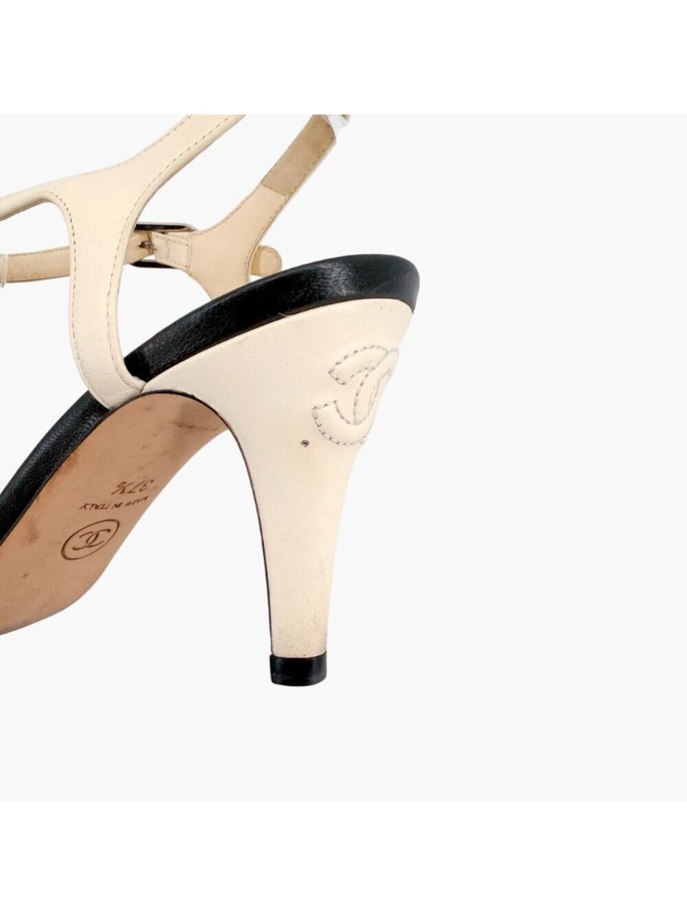 Chanel CC Crystal Star Bow Sandals Heels Cream Black Size 37.5 US 6.5-7 Women's - Picture 12 of 16